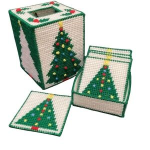 Handmade Plastic Canvas Christmas Tree Tissue Box Cover Coasters Set